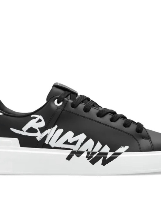 Balmain Other - Balmain Black Leather Low-Top Sneakers with White Script Logo